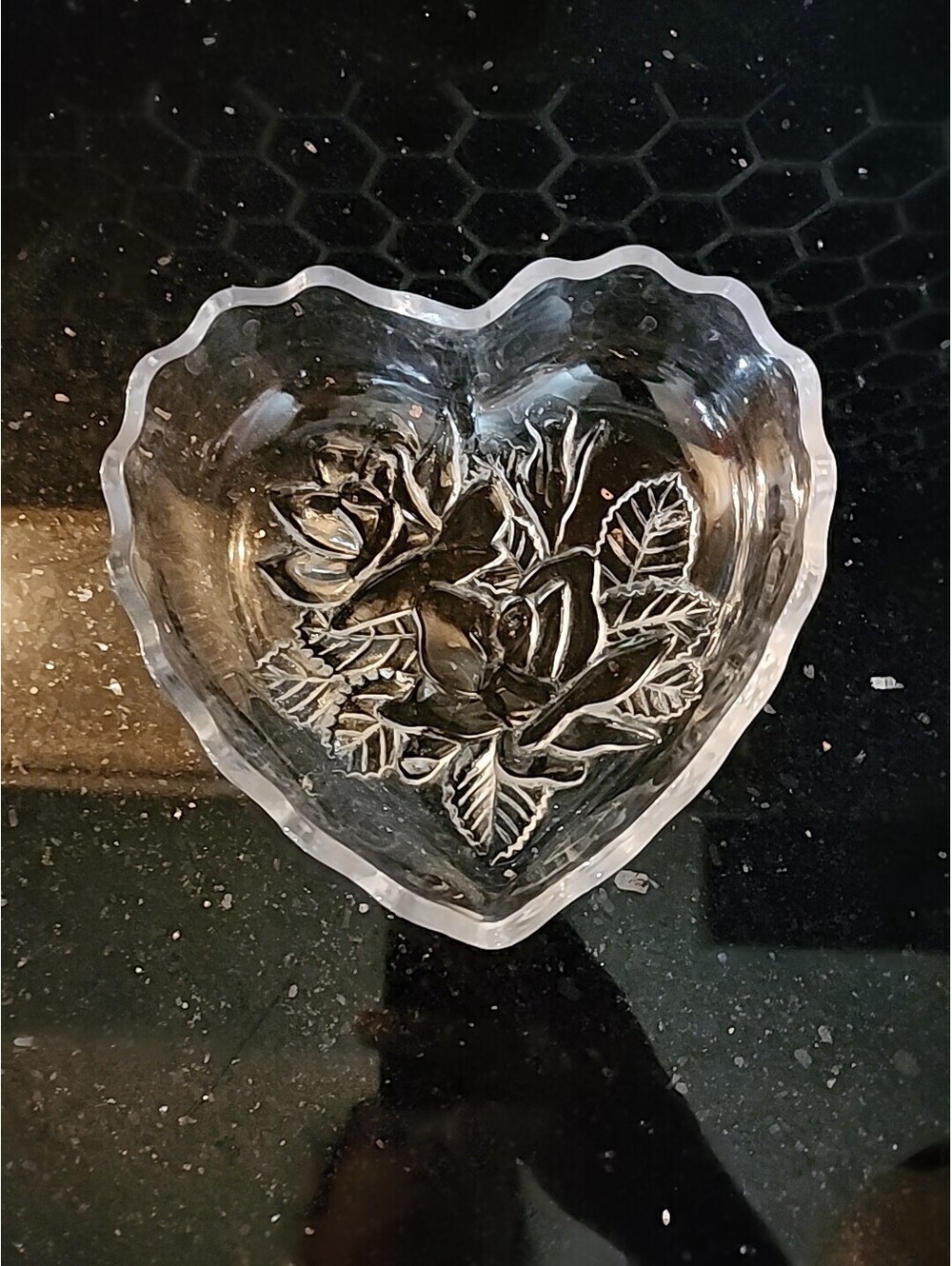 Vintage Mikasa Studio Nova Crystal Heart-Shaped Candy Dish Rose Inlay BEAUTIFUL